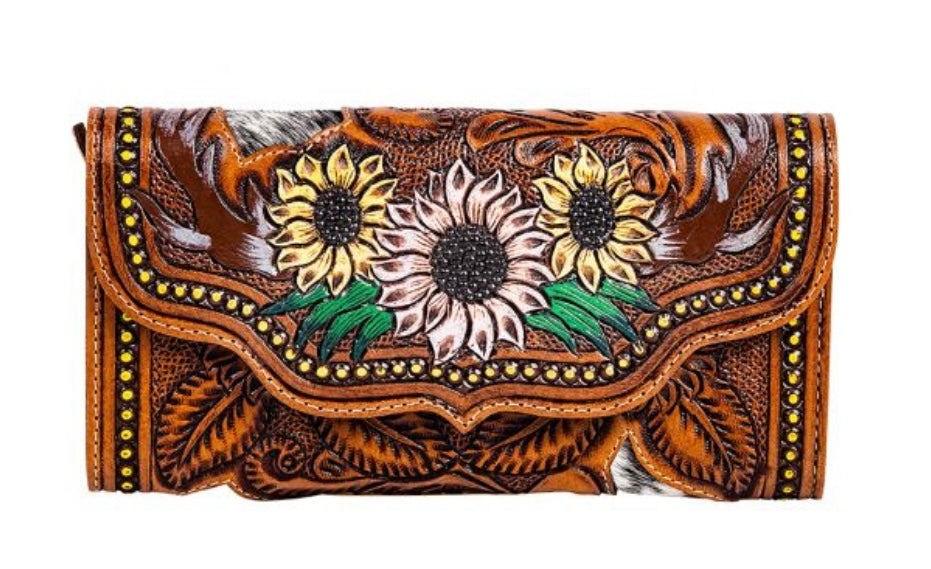 Floral hair on leather wallet