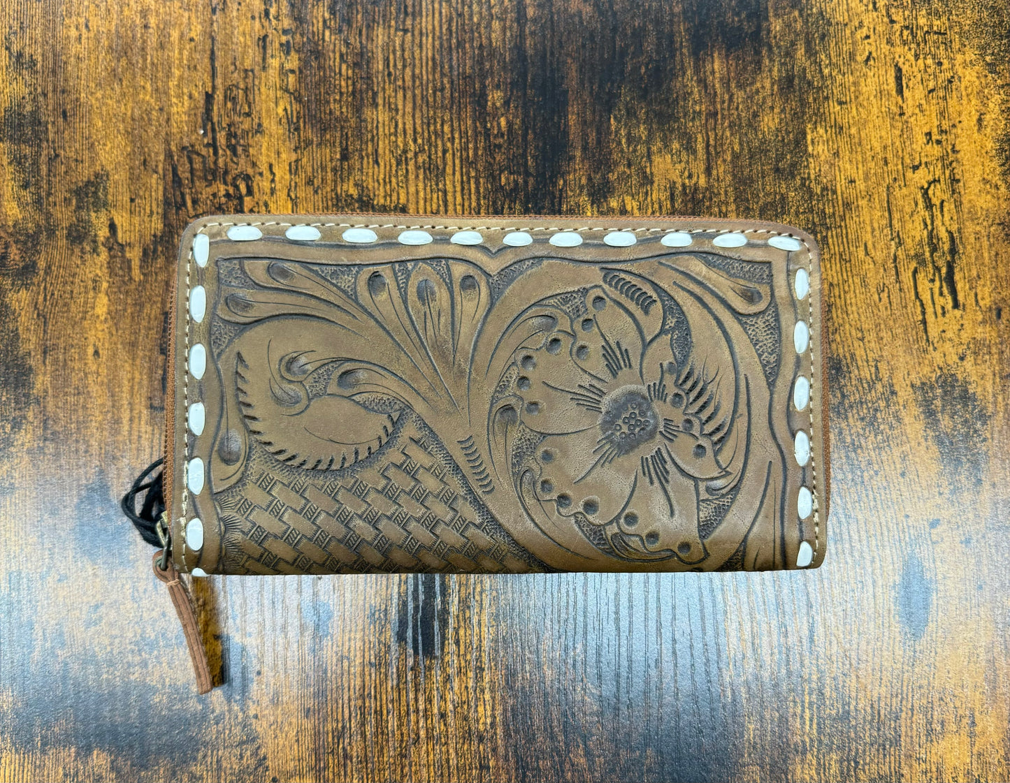 White trim leather wallet